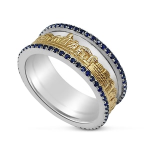 Sterling Silver and 14K Gold Jerusalem Ring with Blue Sapphire Gems,Holy Jerusalem Skyline Band,Two Tone Jewish Ring,Israeli Judaica Jewelry