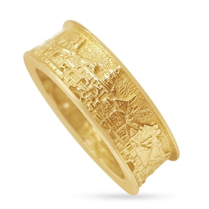 14k Yellow Gold Jerusalem Ring,Holy City Yerushalayim Skyline,Jewish Wedding Band,Biblical Judaica Ring,Gift Handmade in Israel,טבעת ירושלים