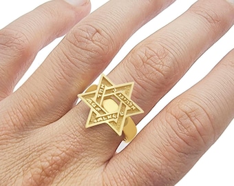 14K Gold Jewish Star of David & Hebrew Shema Israel Protective Symbol Ring