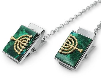 Eilat Stone Menorah Tallit Clips,Silver and Gold Jewish Prayer Shawl Clips,Israel Gift,Blue Green Solomon Stone Tallis Clips,Judaica Jewelry