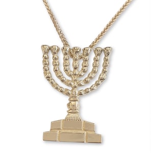 Yellow Gold Menorah Necklace, 14K Solid Gold Charm, Jerusalem Holy Temple Menorah Pendant, Judaica Jewelry, Jewish Gift for Her, Israel Lamp