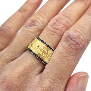 14K Gold Holy City Jerusalem Jewish Hebrew Ring with Blue Sapphire Hand Made Gift From Israel