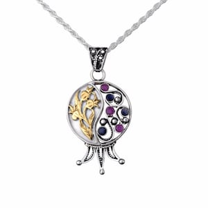 Silver and Gold Leaves Pomegranate Pendant,Sapphire and Ruby Rimon Necklace,Yemenite Filigree Necklace,Gemstone Fruit Jewelry,Jewish Jewelry