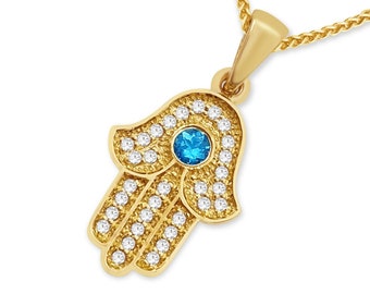 Hamsa 14K Gold Pendant, Aquamarine & Diamonds Jewish Necklace,Bat Mitzvah Gift, Protection Luck Judaica Jewelry, Hand of Fatima Symbol Charm