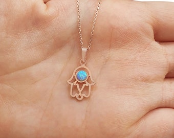 14K Rose Gold Blue Opal Hamsa Necklace