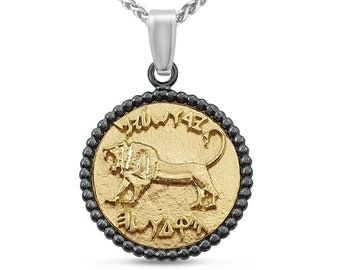 14 kt goud en sterlingzilveren hanger leeuw van Megiddo, ketting Heilige stad Jeruzalem in oud-Hebreeuws, brullende leeuw Joodse charme, Judaïca-sieraden
