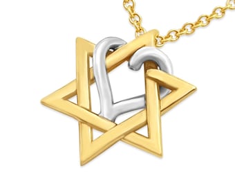 Small 14K Yellow and White Gold Interlocking Heart Star of David Pendant, Jewish Star Love Magen David Necklace, Unique Jewish Gift for Her