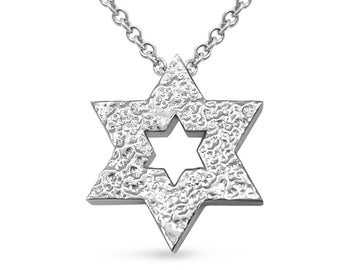 Pendentif étoile de David en or massif 14K double face, petit collier juif Magen David blanc martelé, cadeau de Bat Mitzvah Judaica israélien brillant