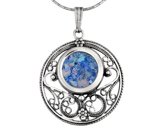 Roman Glass Pendant,Sterling Silver Round Necklace,Silver Filigree Pendant,Blue Glass Necklace,Israel Jewelry,Jewish Jewelry,Women&#39;s Gift