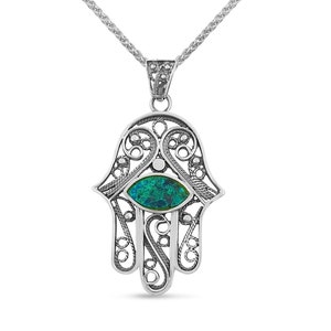 Eilat Stone Hamsa Pendant, Sterling Silver Traditional Filigree Necklace, Evil Eye Hand Yad, Israel Jewelry, Jewish Gift, Protection Jewelry