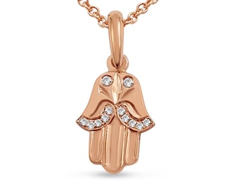 Small 14K Rose Gold Hamsa Pendant with Diamonds,Solid Gold Tiny Hamsa Charm,Hand Protection Necklace,Jewish Bat Mitzvah Gift,Judaica Jewelry