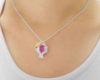 Collar de granada de rubí Shema Yisrael de plata esterlina de oro de 14 quilates