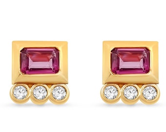 14k Yellow Gold Pink Tourmaline & Diamonds Earrings, Solitaire Stone Wedding Studs, Past Present Future Anniversary Set, Marriage Jewelry