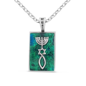Eilat Stone Grafted-in Messianic Seal Pendant, Sterling Silver Star of David, Menorah Fish Jewish Symbol Charm, Jerusalem Hand Made Necklace
