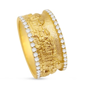 14K Solid Gold Jerusalem Ring with Natural Diamonds,Holy City Yerushalayim Skyline,Jewish Hebrew Wedding Band,Biblical Judaica Israeli Gift
