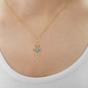 14K Gold Hamsa Pendant Blue Opal Gemstone
