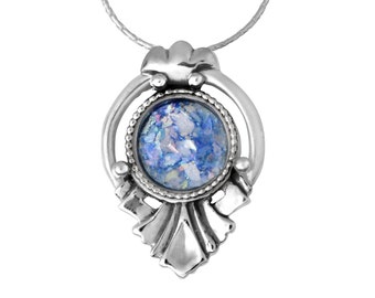 Roman Glass Pendant,Unique Silver Necklace, Authentic Blue Roman Glass Necklace, Decorative Silver Pendant, Israel Jewelry, Jewish Jewelry