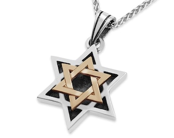 Silver and 14K Gold Jewish Star of David Pendant,Magen David Necklace,Bar Mitzvah Gift from Israel,Judaica Jewelry, Religious Charm for Him