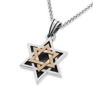 Silver and 14K Gold Jewish Star of David Pendant,Magen David Necklace,Bar Mitzvah Gift from Israel,Judaica Jewelry, Religious Charm for Him