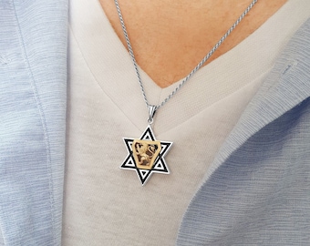 Silver Star of David Gold Lion of Judah Necklace