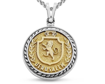 14K Gold and Sterling Silver Jerusalem Lion Hebrew Necklace,Two Tone Round Jewish Charm,Tribe of Judah Pendant,Judaica Jewelry Israeli Gift