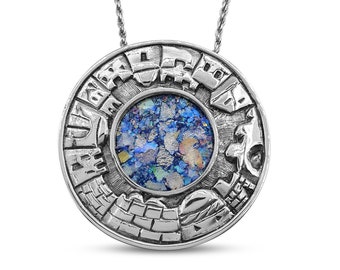Romeinse glazen ketting, oude stad Jeruzalem, ronde zilveren ketting, blauwe Romeinse glazen hanger, Israëlische sieraden, gegraveerde heilige Jeruzalem 3D hanger