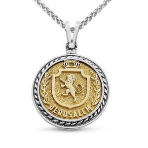 14K Gold und Sterling Silber Jerusalem Löwe hebräische Halskette, zweifarbiger runder jüdischer Anhänger, Stamm von Jejuda Anhänger, Juwelierschmuck israelischen Geschenk
