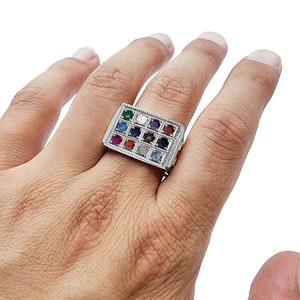 Sterling Silver Choshen Ring & 14k Yellow Gold Magen David Multi Gemstone Jewelry