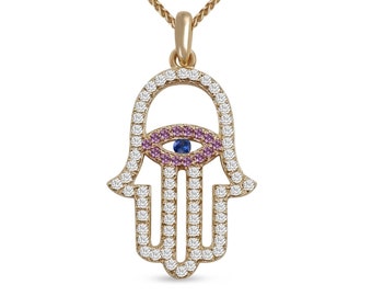Pendentif Hamsa en or 14 carats avec diamants, breloque de protection contre le mauvais œil, pierres précieuses de saphir rose et bleu, symboles juifs, collier Judaica à la main, cadeau de bijoux d'Israël