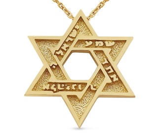 14K Gold Star of David Pendant, Shema Yisrael Hebrew Necklace, Magen David Judaica Jewelry, Jewish Prayer Gift, Religious Bible Verse Set