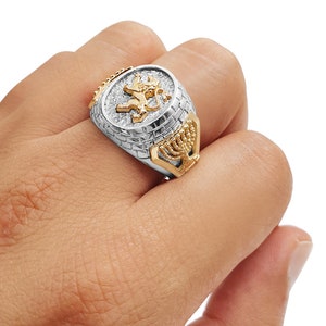 Silver and Gold Lion of Judah and Menorah Ring