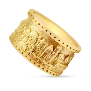14k Gold Holy Jerusalem Jewish Ring, Gold Wide Wedding Band Hebrew Ring,Biblical Judaica Jewel,If I Forget Jerusalem Ring,Handmade in Israel