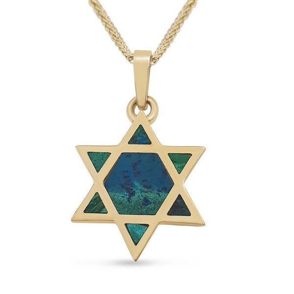 14K Solid Gold Jewish Star of David Pendant,Eilat Stone David Shield Judaica Necklace, Religious Infinity Statement Jewelry,Bat Mitzvah Gift
