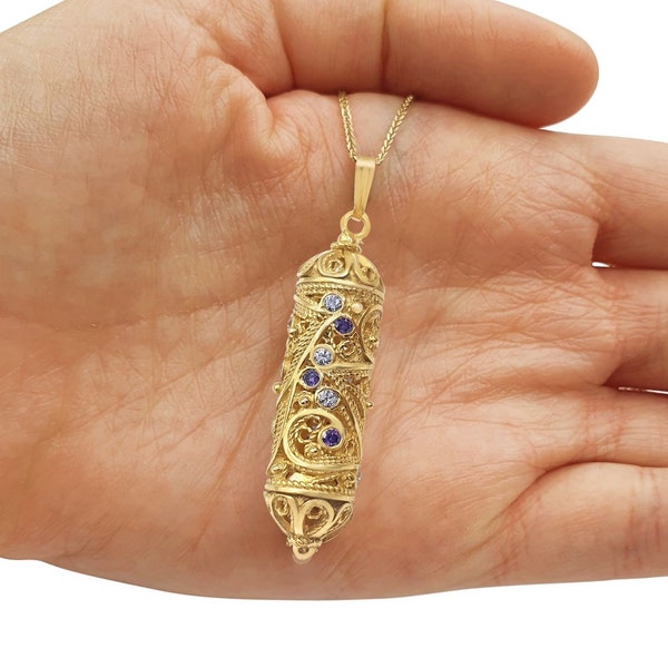14K Gold Jewish Mezuzah Necklace Filigree Locket