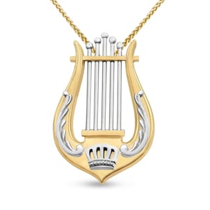 14K Yellow & White Gold Harp of David Pendant,Judaica Necklace,Solid Gold King David&#39;s Villain Lyre,Royalty Jewish Symbols,Biblical Jewelry