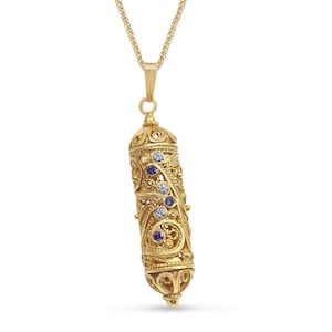 Open Filigree Mezuzah Necklace for Woman, 14K Yellow Gold Jewish Mezuzah Pendant, Traditional Yemenite Locket, Purple Amethyst Lavender Gems