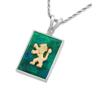 Löwe von Judah Sterling Silber und Gold Eilat Stein Anhänger,Rechteck Jüdische Judaica Männer Halskette,Tribe of Judah Symbol Graviert Schmuck Geschenk