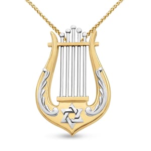 14K Solid Gold Harp of David Pendant,Yellow & White Gold King David&#39;s Villain Judaica Necklace,Jewish Star Royalty Leaves Classic Lyre Charm