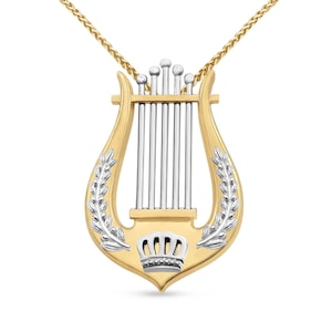 14K Yellow and White Gold Harp of David Necklace,Two Tone Gold Jewish Pendant,Biblical King David&#39;s Villain Olive Tree & Crown,Judaica Charm