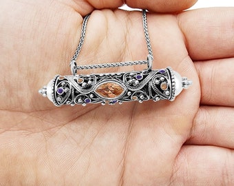 Two Sided Multi Stone Silver Jewish Mezuzah Locket Open Filigree Necklace