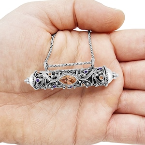 Two Sided Multi Stone Silver Jewish Mezuzah Locket Open Filigree Necklace