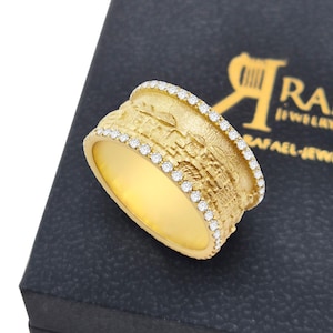 14K Solid Gold Jerusalem Skyline Jewish Wedding Ring with Natural Diamonds