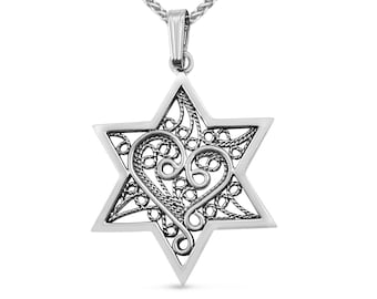 Sterling Silver Jewish Star of David Pendant, Yemenite Filigree Necklace Magen David Charm, Judaica Jewelry, Religious Jewelry from Israel