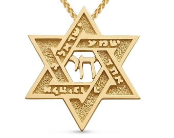 14K Gold Star of David Pendant, Shema Israel & Chai in Hebrew, Jewish Star for men, Magen David Necklace from Israel, Judaica Jewelry Gift
