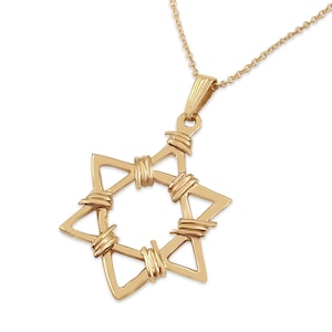 14K Yellow Gold Hexagram Star of David Pendant, Magen David Protection Luck Wire Necklace, Religious Jewish Charm, Hand Made Judaica Symbol