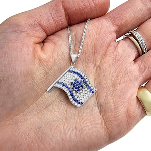 18K White Gold Israel Flag Pendant with Natural Diamonds and Blue Sapphire Gems