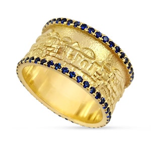 14K Gold Holy Jerusalem Band Blue Sapphire Judaica Ring,Jewish Wedding Band,Hebrew Biblical jewelry,Old City Yerushlim Skyline Symbolic Gift