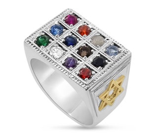May include: A silver ring with a rectangular top featuring a grid of twelve colorful gemstones and a single diamond. The ring is accented with a gold Star of David.