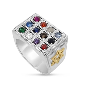 Sterling Silver Choshen Ring & 14k Yellow Gold Jewish Star,Kabbalah Hoshen Judaica Ring,12 Tribes of Israel Jewelry,Breastplate Signet Ring