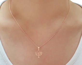 Small 14K Rose Gold Menorah Necklace